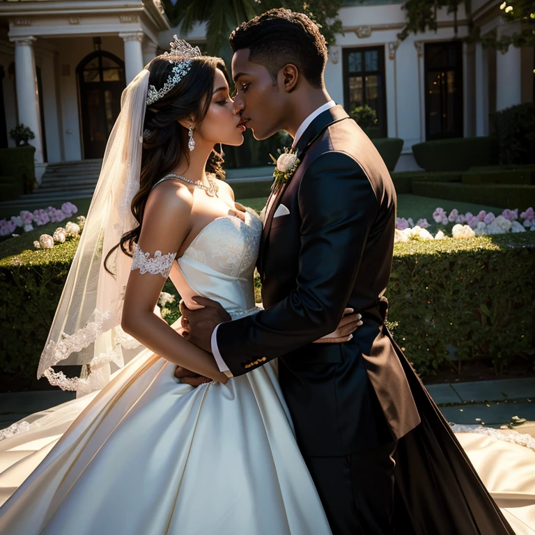 (masterpiece, best quality:1.5), highest quality, High resolution, super detailed, Realists, Upper body photo of the bride, dark skin, detailed and beautiful eyes, beautiful detailed lips, very detailed eyes and face, longeyelashes, Woman in wedding dress made of shiny satin fabric, Beautiful and colorful makeup, elegant and noble々Pose,shiny crown and jewels, Gardens as background, soft daylight, bright colors, fine brushstrokes, Portrait style, Noble details in the dress fabric, beautiful color palette, glowing skin, First-class rendering, that captures every detail, enchanting atmosphere, subtle shadows and lights, (perfect anatomy:1.2), (Two stunning brides are deeply in love:1.4), (kiss:1.2), (magnificent panorama view:1.2)