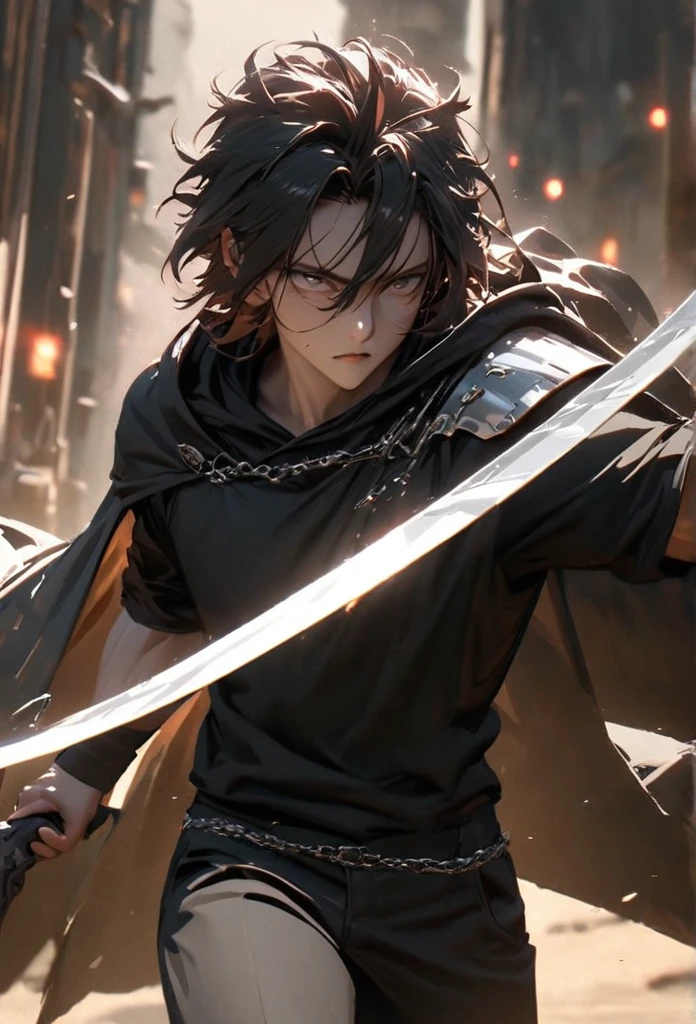 (solo), masculine, black hair, messy hair, mane hair, short hair, dense hair, wild hair, expressive hair, mature,(25 year old), pale skin, grey eyes, ((man)), teacher, wearing black shirt, rolled up sleeves, black long pants, One shoulder has shoulder armor, black cape covering one arm, detailed eyes, dark, hood, the background is space in china. Silver chains everywhere, attractive, eye reflection, depth of field, thunder aura, cinematic lighting, ray tracing, depth of field, cinematic lighting, ray tracing, UHD, high details, best quality, highres, high quality, award winning, super detail, masterpiece, 8k, UHD, high details, best quality, highres, high quality, award winning, super detail, masterpiece, 8k, digital art, anime coloring, full body, body shot, good face, perfect face, detailed face, good eyes, in a fighting position, holding a sword.