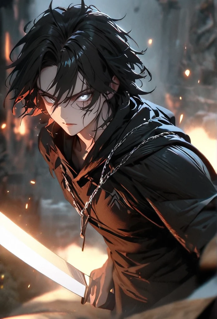 (solo), masculine, black hair, messy hair, mane hair, short hair, dense hair, wild hair, expressive hair, mature,(25 year old), pale skin, grey eyes, ((man)), teacher, wearing black shirt, rolled up sleeves, black long pants, One shoulder has shoulder armor, black cape covering one arm, detailed eyes, dark, hood, the background is space in china. Silver chains everywhere, attractive, eye reflection, depth of field, thunder aura, cinematic lighting, ray tracing, depth of field, cinematic lighting, ray tracing, UHD, high details, best quality, highres, high quality, award winning, super detail, masterpiece, 8k, UHD, high details, best quality, highres, high quality, award winning, super detail, masterpiece, 8k, digital art, anime coloring, full body, body shot, good face, perfect face, detailed face, good eyes, in a fighting position, holding a sword.