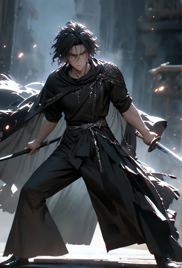 (solo), masculine, black hair, messy hair, mane hair, short hair, dense hair, wild hair, expressive hair, mature,(25 year old), pale skin, grey eyes, ((man)), teacher, wearing black shirt, rolled up sleeves, black long pants, One shoulder has shoulder armor, black cape covering one arm, detailed eyes, dark, hood, the background is space in china. Silver chains everywhere, attractive, eye reflection, depth of field, thunder aura, cinematic lighting, ray tracing, depth of field, cinematic lighting, ray tracing, UHD, high details, best quality, highres, high quality, award winning, super detail, masterpiece, 8k, UHD, high details, best quality, highres, high quality, award winning, super detail, masterpiece, 8k, digital art, anime coloring, full body, body shot, good face, perfect face, detailed face, good eyes, in a fighting position, holding a sword.