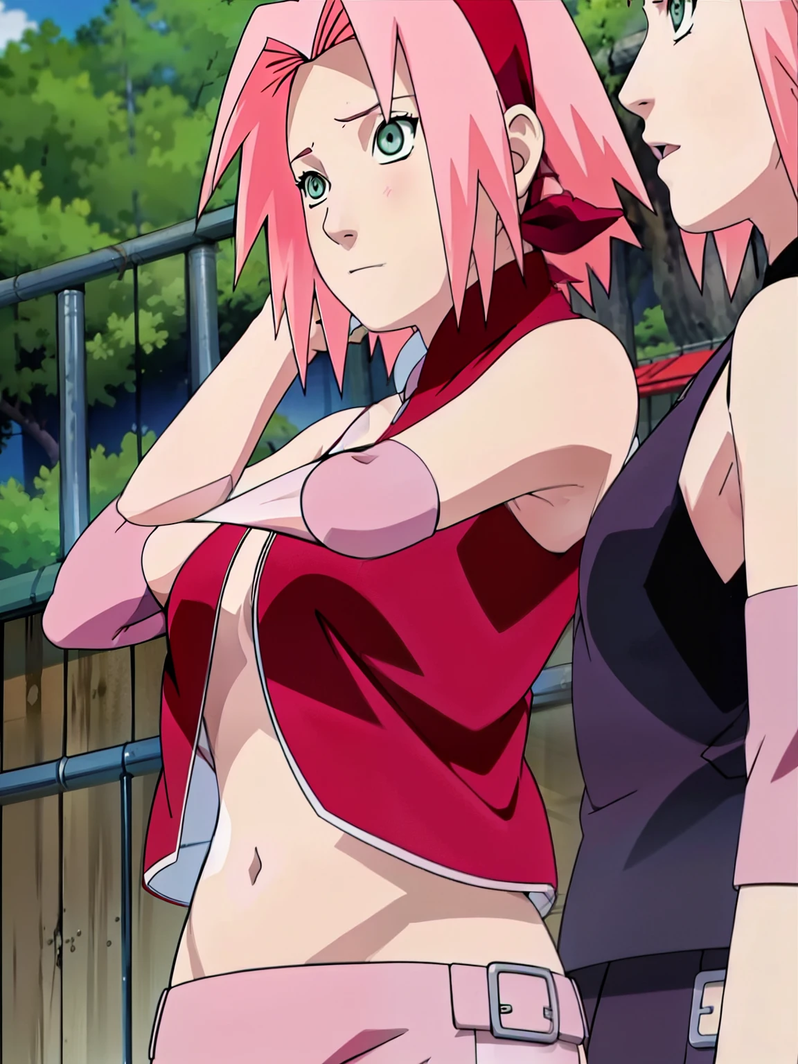 Sakura Haruno lifting her shirt arms up showing visible bra and sexy belly small breast.