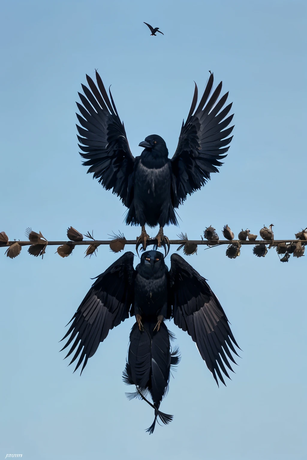 An image of 5 crows where around them there are crow feathers that stand out, make this image without background