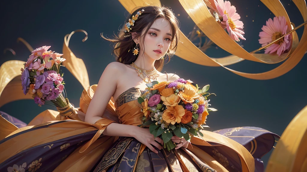 32K, 最高quality, 最高masterpiece, (ultra-Detailed Background, Detailed Background), High resolution, Super detailed, Very detailedな, One girl, (bouquet:1.3), (Tangled:1.2), (Geometric:1.2),(colorful),(masterpiece, quality, best quality, Official Art, Beautiful and beautiful:1.2), (1 girl:1.3), Very detailed,(colorful:1.1)(Flowers:1.3),Most detailed,(Tangled:1.2), whole body, (Abstract background:1.3), (Skin glows), (Many colors:1.4), ,(Earrings Jewelry:1.5), Pale Orange Background,