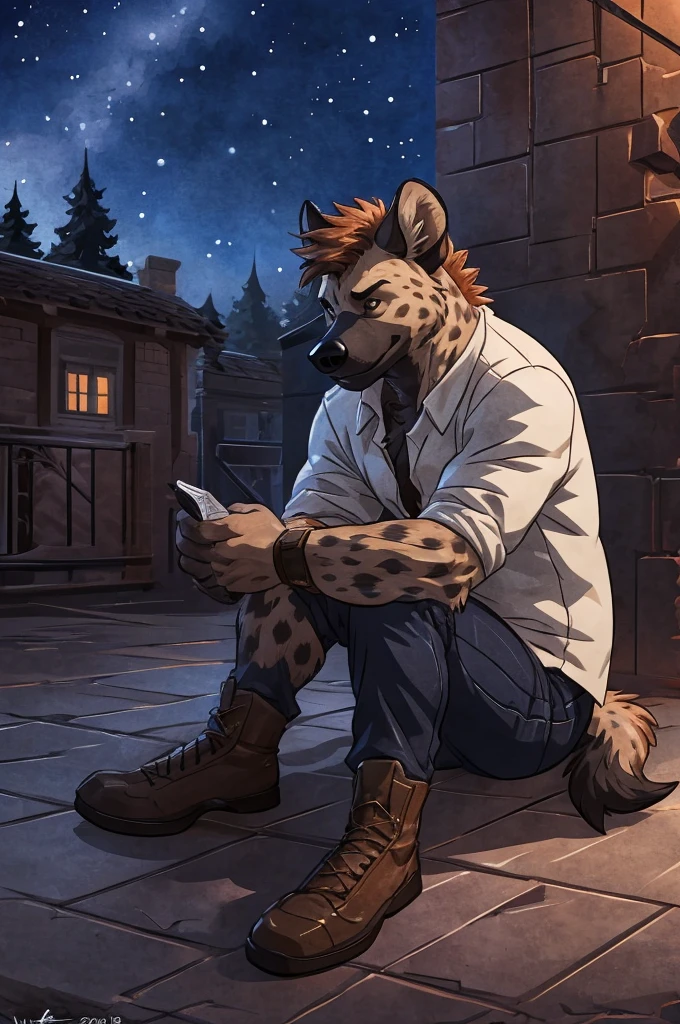 anthro hyena, solo ((hyena)), ((male)), ((casual clothes)), 4k, high resolution, best quality, posted on e621, solo, anthro body, slim bodies, ((slim body)), ((adult)), correct anatomy, (detailed background), (by wfa:1), (by Taran Fiddler:0.5), adults, (cel shaded, cartoony shading:1.2), black lineart, black outline, flat coloring, (strong shadows, dark shadows:1.2), dynamic pose, ((fullbody)), ((sitting in the ground looking at the stars)), night time, sad ambience, ((solitude))
