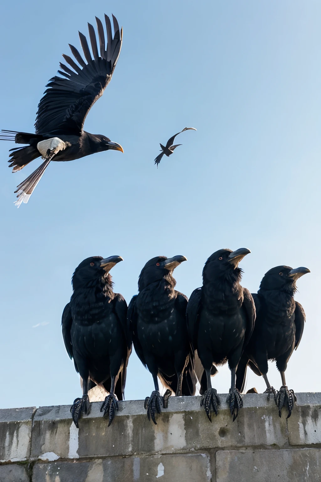 An image of 5 crows where around them there are crow feathers that stand out, make this image without background