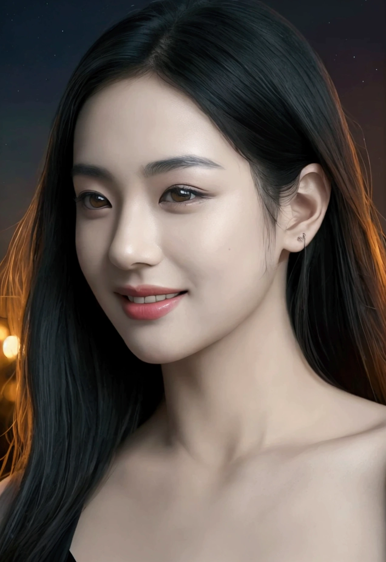 a beautiful asian girl with black hair, she wear a pull to bif for her, smiling warmly under the starry night sky, ultra detailed realistic face, ultra detailed realistic background, cinematic lighting, dramatic colors, 8k, photorealistic, hyperrealistic, masterpiece, award winning, intricate details, highly detailed, sharp focus, volumetric lighting, chiaroscuro, vibrant colors, complex environment, dynamic composition, dramatic atmosphere, ethereal, photorealistic, 8k, highly detailed, cinematic lighting, dramatic composition, vibrant colors, high detailled background, face detailled, high resolution, real photo, photorealistic, masterpiece, (best quality,4k,8k,highres,masterpiece:1.2),ultra-detailed,(realistic,photorealistic,photo-realistic:1.37), detailed face, high detailed, high resolution, realistic background, detailled background, camera far away