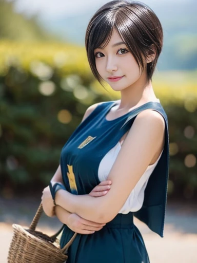 20 year old Japanese beauty,Slim and cute、Bulge of lateral breasts、Slit eyes、A head-to-toe view,Bust is very very large、The background is a European castle、High quality photos、Clear, crisp images of the lower body、Masterpiece 8k、Smiling、Kei is carrying a basket of medicinal herbs.、Dragon Quest III female priest cosplay