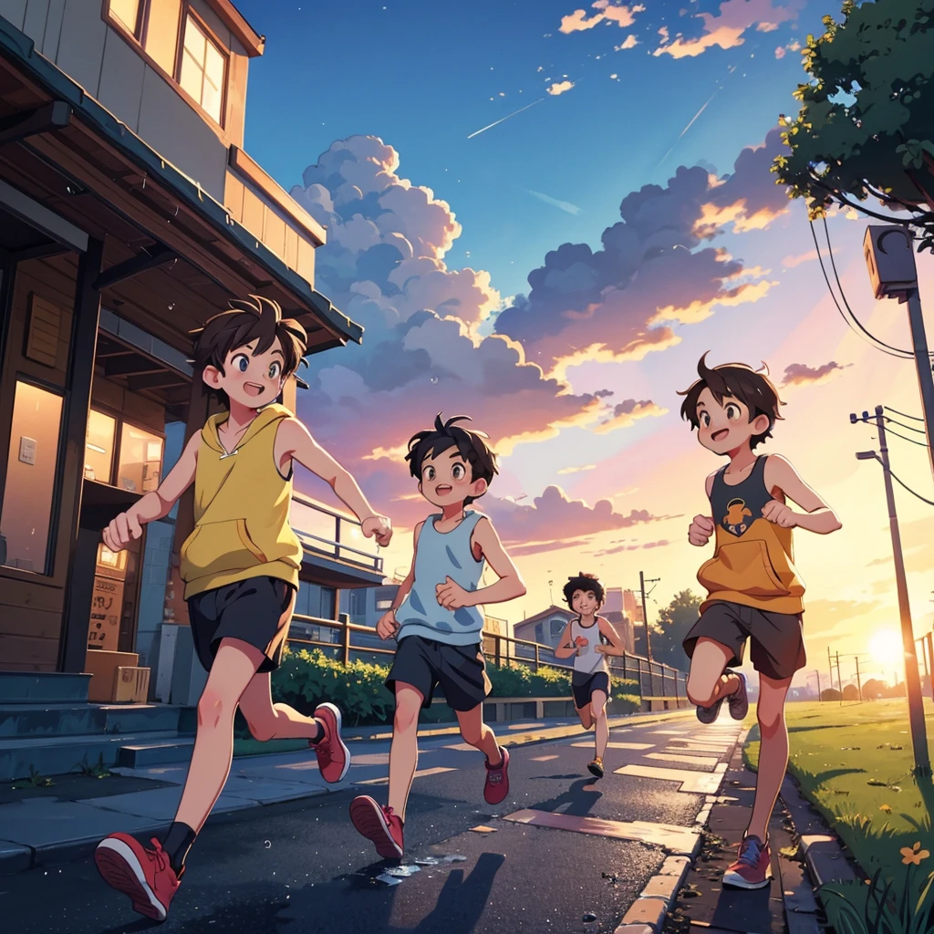 Two teenage boys, bestfriends, running together as it rains in one summer. The first boy has brown hair and is wearing a sleeveless hoodie and shorts, the second boy has black hair and is wearing a tank top. They smile as they spread their arms out in the cool breeze as they run on the sidewalk at the suburbs in the evening as the sun sets. Side view. Studio ghibli style.