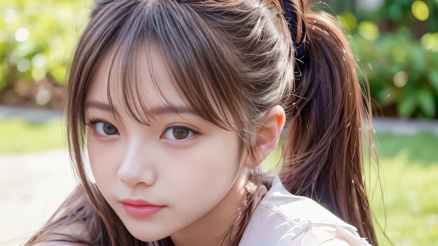 blush,,Small breasts,Long hair ponytail,European cityscape,Denim overalls,Face close-up,((8k, RAW Photos, Highest quality, The pieces fly:1.2), (reality, Realistic:1.4), (Highly detailed 8K wallpapers), Written boundary depth, Cinema Lighting, Soft Light, Detailed beauty eyes,Shiny and smooth light brown ponytail, Asymmetrical bangs, Glowing Skin, Highly detailed skin ,High resolution, Attention to detail, Detailed hairstyle, Detailed beauty face, Hyper Real, Perfect limbs, Perfect Anatomy ,1 Japanese girl,Famous Japanese Idols, Perfect female body,A shy smile,short eyelashes,double eyelid,Look straight here,Hairstyle: Ponytail,