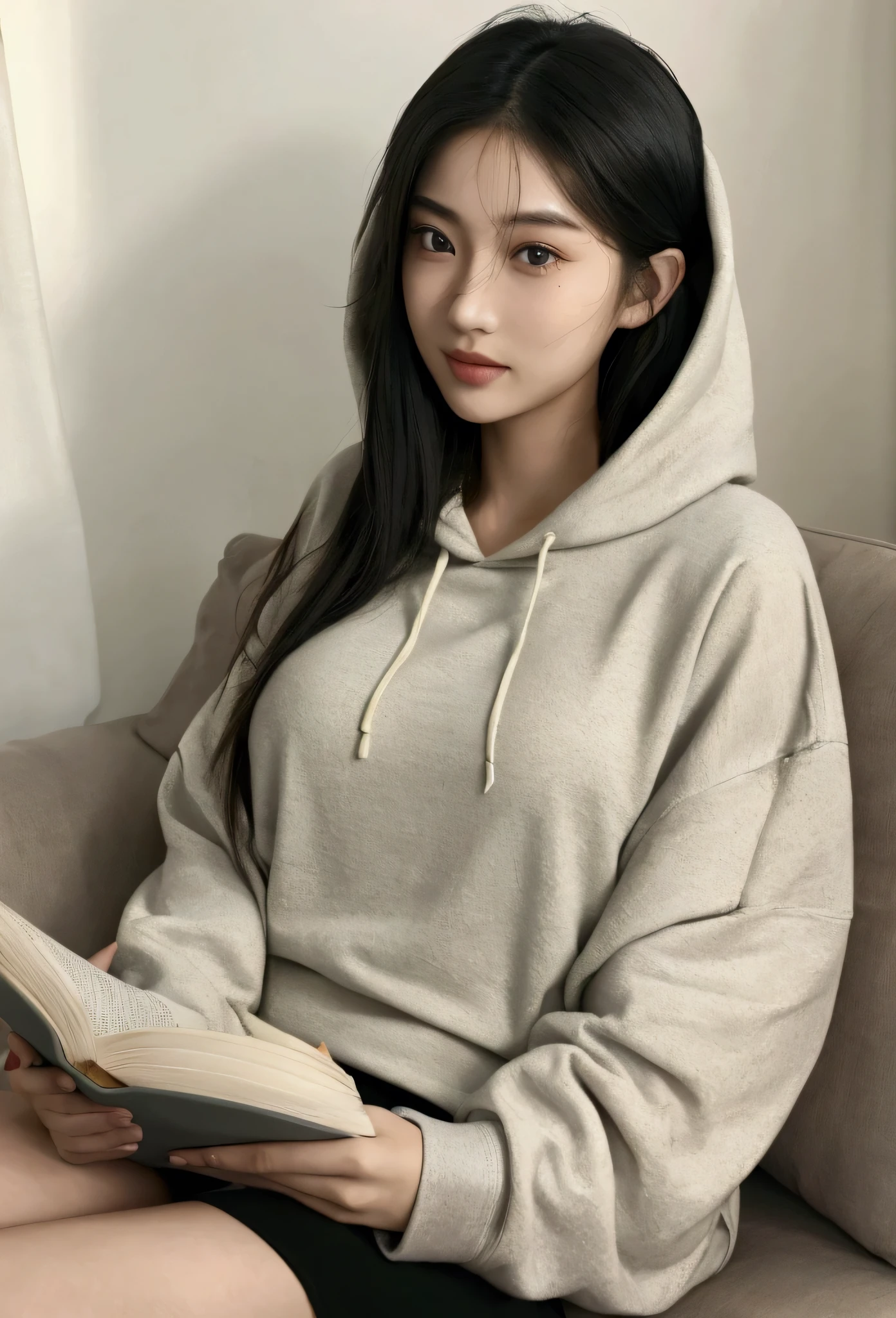 a young asian girl reading a book, beautiful detailed eyes, beautiful detailed lips, extremely detailed face and eyes, long eyelashes, medium-sized breasts, oversized hoodie, realistic, photorealistic, 4k, 8k, highres, masterpiece, ultra-detailed, studio lighting, vivid colors, warm lighting, natural lighting, detailed background, intricate folds and textures of clothing, realistic skin texture, realistic hair strands, realistic facial features, detailed book pages