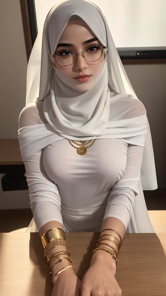 1 beautiful 17 year old girl with glasses, Arabian girl model, white skin, sharp nose, thin lips, round face, slender body, tight bra, voluptuous breast, off shoulder, hijab, veil, arm sleeve, golden bangles, bracelets, necklaces, watch, teaching, smartphone, classroom table, whiteboard, detailed squinting eyes, detailed horny expression, (best quality,4k,8k,highres,masterpiece:1.2),ultra-detailed,(realistic,photorealistic,photo-realistic:1.37),studio lighting,extreme detail description,vivid colors