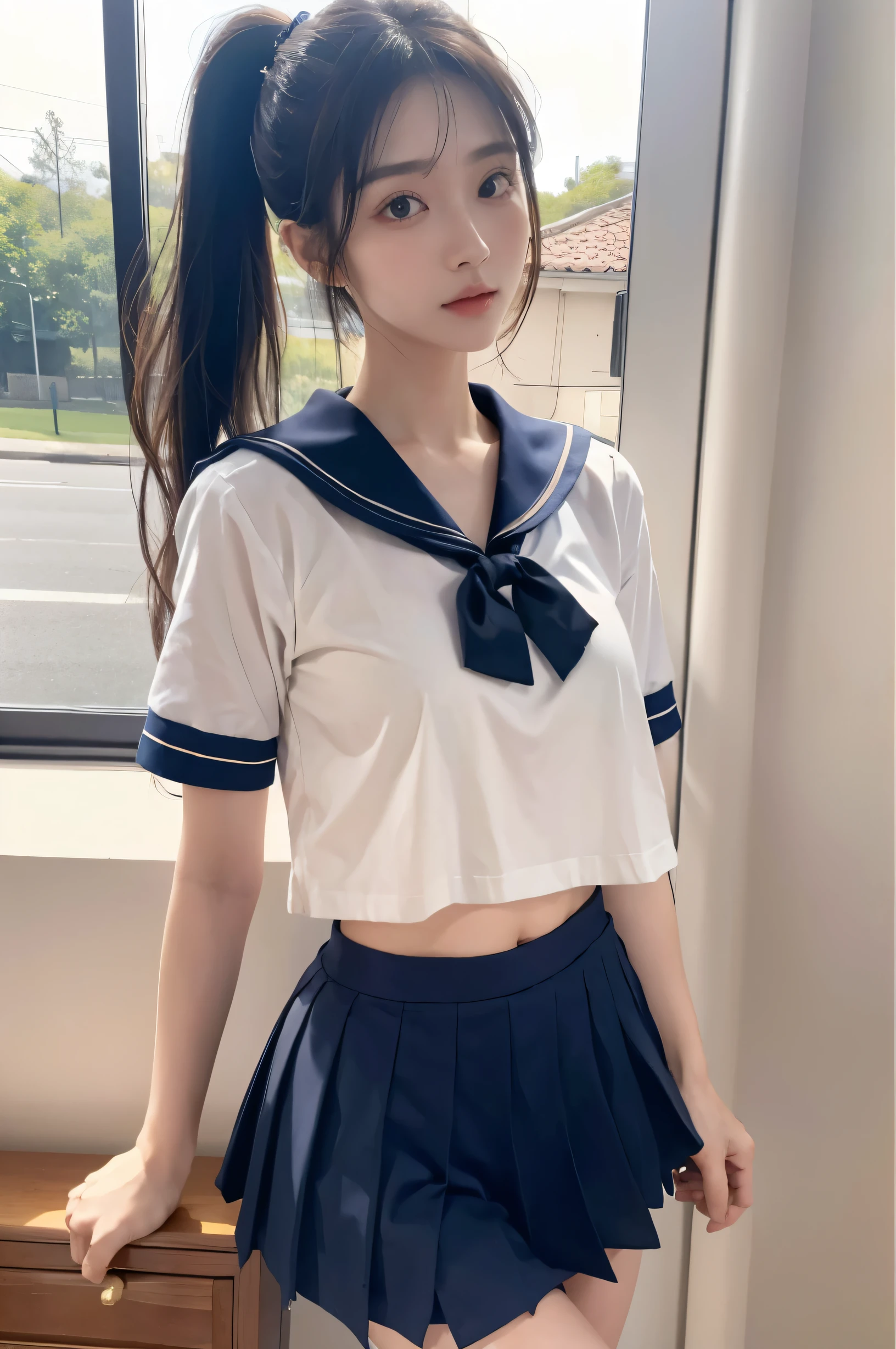 (Ultra HD), (Short-sleeved sailor uniform, Navy blue mini skirt), Big Breasts, slender, Narrow waist, whole body, Standing posture, (Clean and shiny skin, Whitening, No makeup), (Super slim face, Super beautiful face), (Light Brown Ponytail, Layered Cut, Fluffy hair), (double eyelid, Slanted Eyes), Small Nose, Thin lips, Thin legs, school gate
