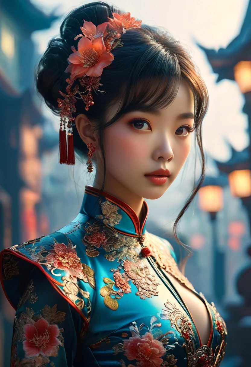 a beautiful girl wearing a chinese style qipao dress, tight bodysuit, high heels, and gloves, with a futuristic mechanical body, 4k, 8k, highres, masterpiece:1.2, ultra-detailed, realistic, photorealistic:1.37, portrait, cinematic lighting, intricate details, elegant, graceful, striking pose, vibrant colors, chiaroscuro, dramatic shadows, steampunk, cyberpunk, futuristic, traditional chinese elements