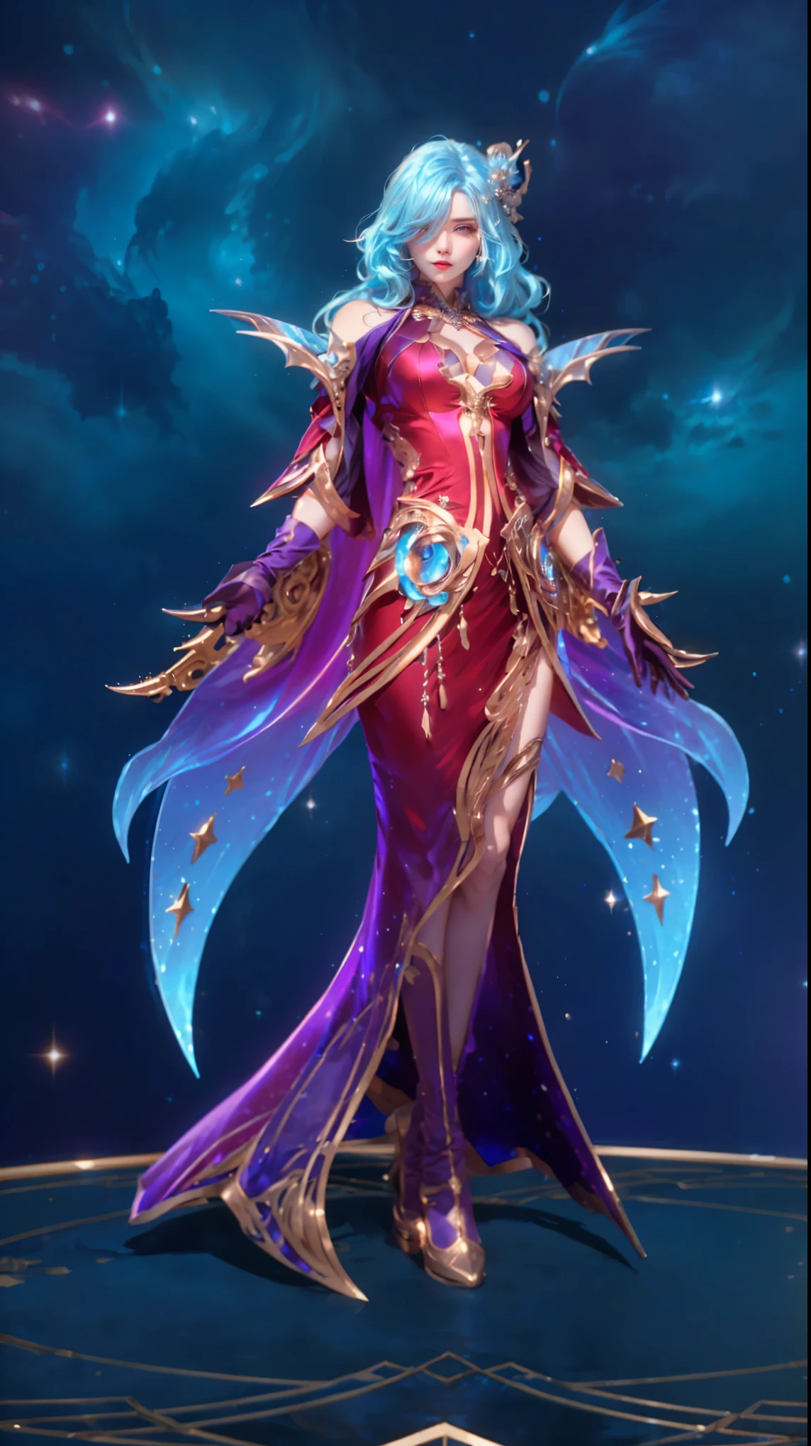 Realistic, High Quality. blue hair vampire girl, side-swept, over one eye, messy hair, European girl, a 25 years old girl, almond eyes. Beautiful model, Pale white skin. realistic skin, cleavage, slim body shape, extremely detailed hair, delicate sexy face, shiny lips. purple scarlet gown with blue astral ornaments, wearing leather gloves. one hand facing up and the other facing down. Space with stars background.