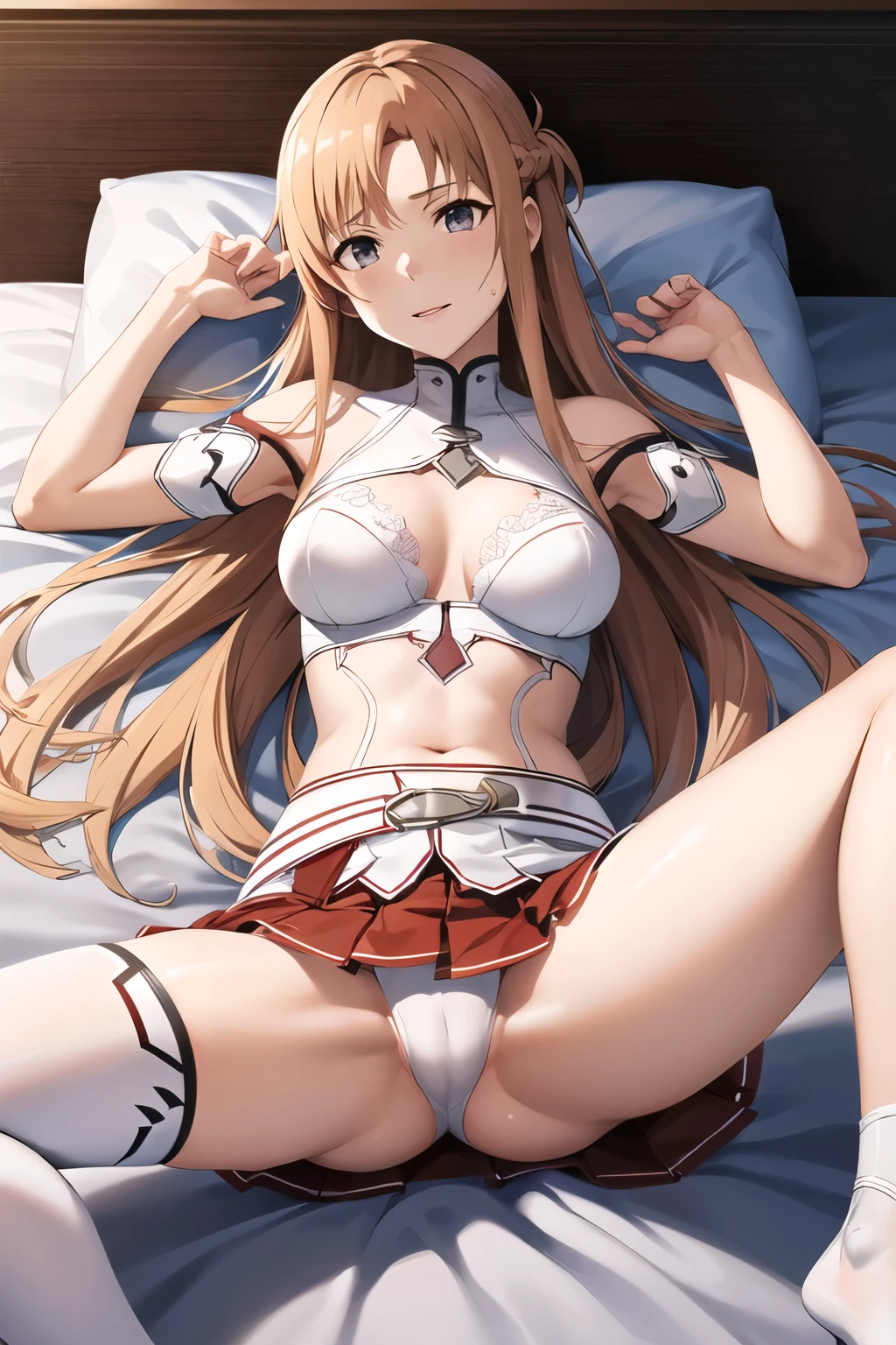 work of art, best qualityer, high resolution, mature woman, Extremely thin skin, work of art, best qualityer, extreme detailed face, The best CG, medium breasts, bared shoulders, eyes browns, Long straight brown hair, 弓, white sleeves, white stockings, red skirt, waist belt, Fine body, See me, Sword Art Online, asuna, Delicate room, lying on a bed, legs spread open, pretty legs, transparent panties, lingerie white, thighs showing, sexly, seducing, legs spread open ((legs spread open)) (legs spread open)