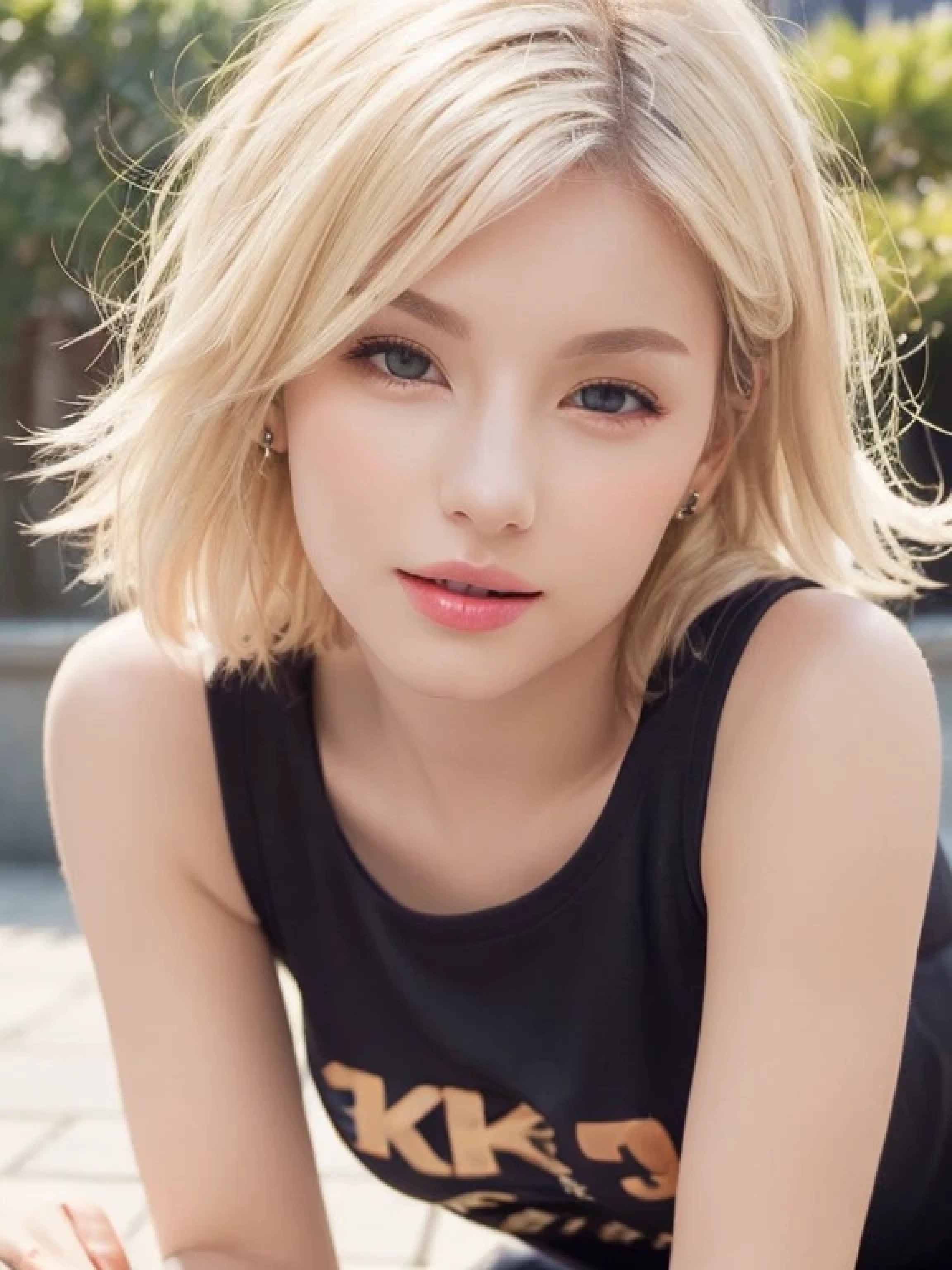 ((Realistic lighting, top quality, 8K, masterpiece: 1.4)), ultra-detailed, tanned skin: 1.2, ((platinum blonde fine hair: 1.4)), 1 girl, perfect body beauty: 1.6, wonderful ice blue eyes, ((medium breasts: 0.8)), (acceleration: 1.5)、Slim face, (21 years old: 1.4)、highly detailed face, high-quality face, A detailed eye, nipples are prominent, very sexy, red transparent T-shirt, perfect dynamic composition, whole body, red short skirt, ((sexy top: 0.7)), natural color lip, sweet lip, Bold sexy poses, Smiling, Harajuku、Cute、Sexy shot looking at the camera, lying face down, realistic background