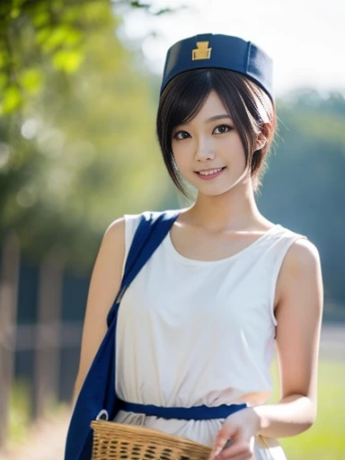 20 year old Japanese beauty,Slim and cute、Bulge of lateral breasts、Slit eyes、A head-to-toe view,Bust is very very large、The background is a European castle、High quality photos、Clear, crisp images of the lower body、Masterpiece 8k、Smiling、Kei is carrying a basket of medicinal herbs.、Dragon Quest III female priest cosplay