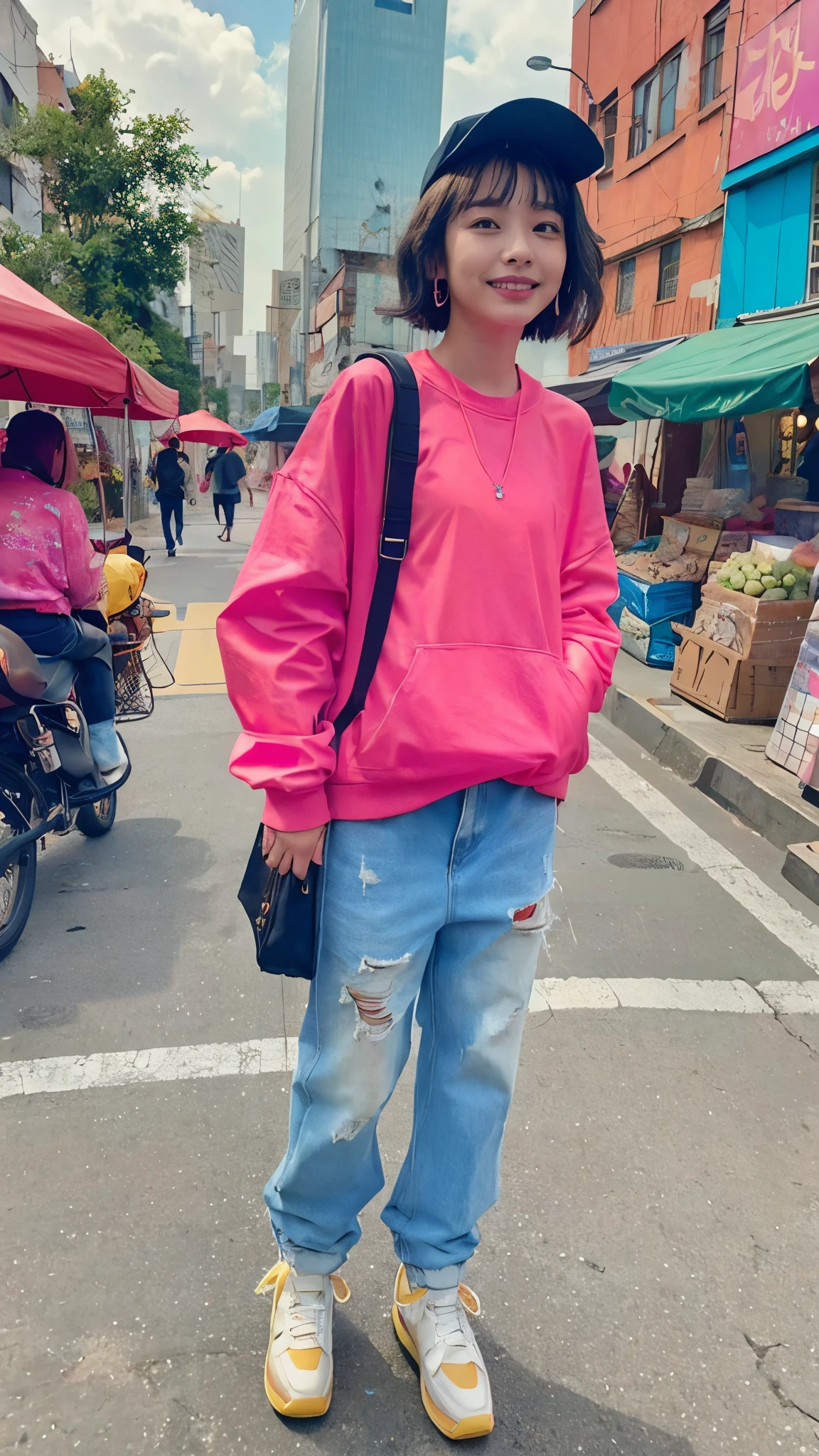 Moisturized skin, realistic body, (), (girl), earrings, (cute face), cheerful laugh, 90s hip-hop outfit, shy,
BREAK,
red lipstick, beautiful hair, gradient hair, short hair,
BREAK,
(masterpiece, highest quality, high resolution, highly detailed), (full body: 1.2), symmetrical, one shot,
BREAK,
(wind blowing), Taiwan night market,
BREAK,
fantastic, dynamic, (selfie), (fisheye lens), neon, cyberpunk movie, selfie, cyberpunk city, hat, iPhone, street snap, bag, travel, messing around, silly, stylish,