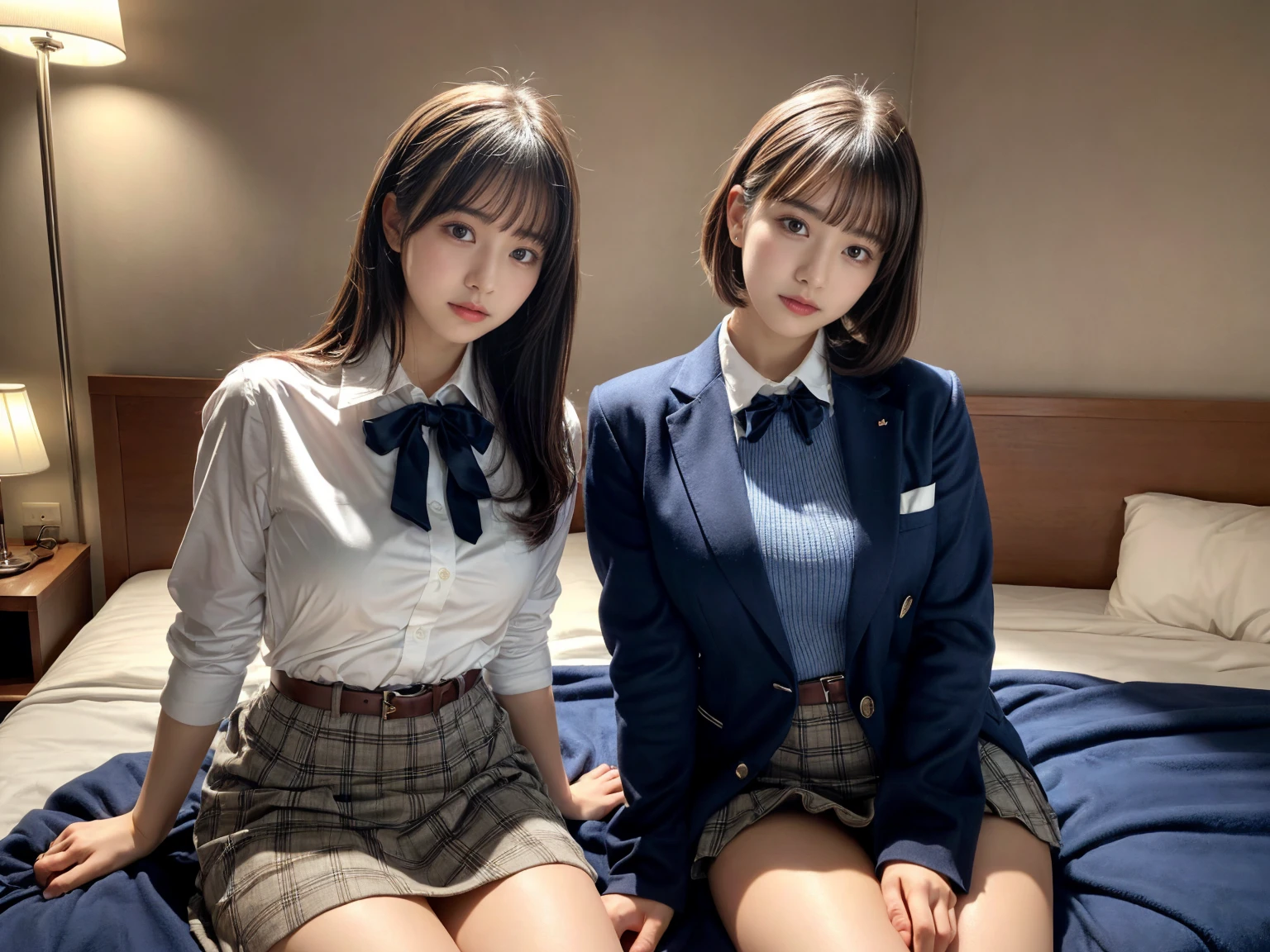 masterpiece, best quality, illustration, Super detailed, fine details, High resolution, 8K,wall paper, perfect dynamic composition,(Details High quality, realistic depiction of eyes:1.3), (2 girls), High school girl uniform、blazer 、Super Short Check Uniform Skirt、Navy blue high socks、garterbelts、Colossal tits, sitting, open legs, short bob hair, in a hotel room in the background, deep on field, large breasts, black hair color, Big Natural Color Lip, (perfect body shape), crying a little、Harajuku style、20 year old girl、cute type、beautiful legs, Gravure Idol