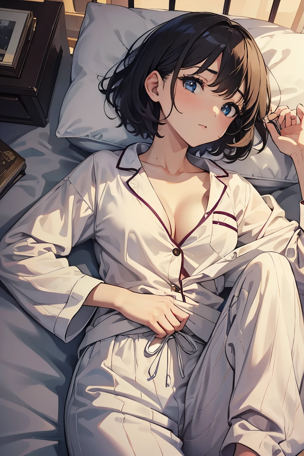 masterpiece, Highest quality, kinue, White pajamas, Pajama pants, Sleep, bed, lying in bed、Short Hair、I can see her cleavage