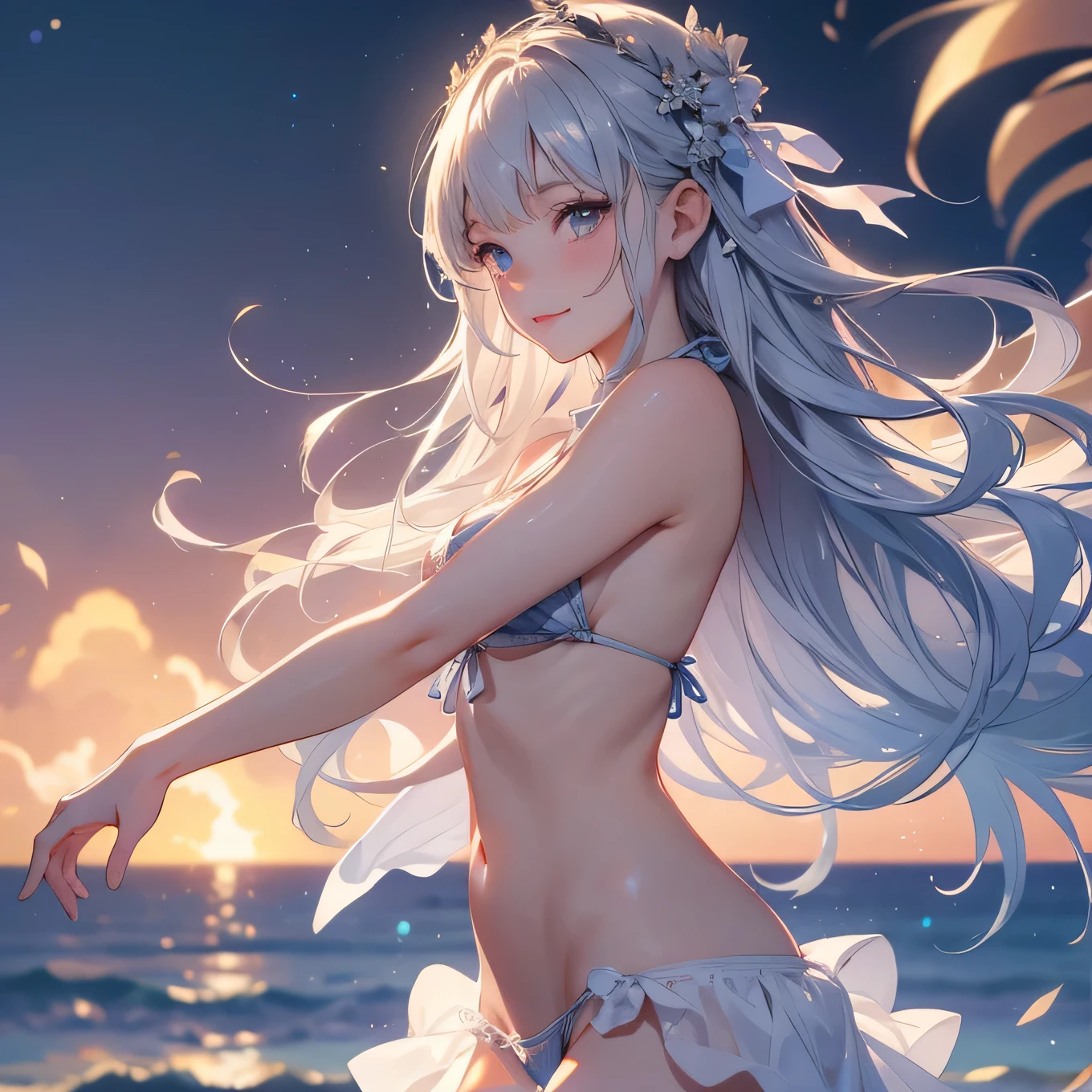 masterpiece, Highest quality, Highly detailed CG Unity 8k wallpaper, High  Girl Anime Illustration. Please wear a small bikini., Open your arms, Her eyes and mouth are open, smile. Silver Hair, black eye, twins, Bokeh Photo, (Soft Focus):1.2, Out of focus highlights, Dreamy atmosphere, Rotating Circle, Fascinating Depth, The background is a realistic fireworks landscape,Low Angle,As if capturing the whole body