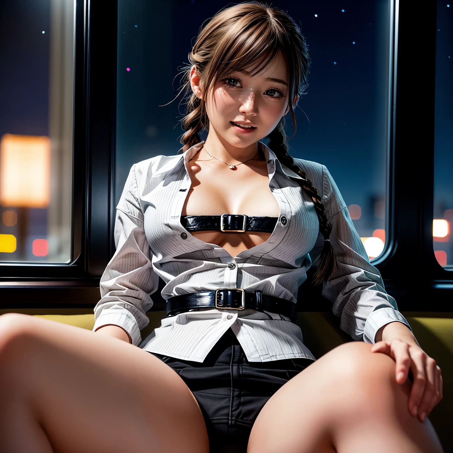 (((Misako Renbutsu)))Beautiful Young Female with ((Twin Braids) covering Bust) (Flashing Crotch) on ((Dusk) Train), (extremely delicate and beautiful) Detailed Closing Texture, Professional portrait of SemiNude photography, (((Unbuttoned WhiteShirt with beltbra:1.37)MoeSleeves) White SkinnyShorts), sitting_chair {leaning back|(knee up to chest)}, (Motion blurred window){(Tyndall effect)|lens flare|Haze|bokeh} ZoomLayer (Oodles Blurred Colorful Lights (Starry particles)), (TopQuality Masterpiece of 8K Ultra-detailed DigitalPainting by Jeremy Lipking), (Clearly visible the Shape of Crotch)