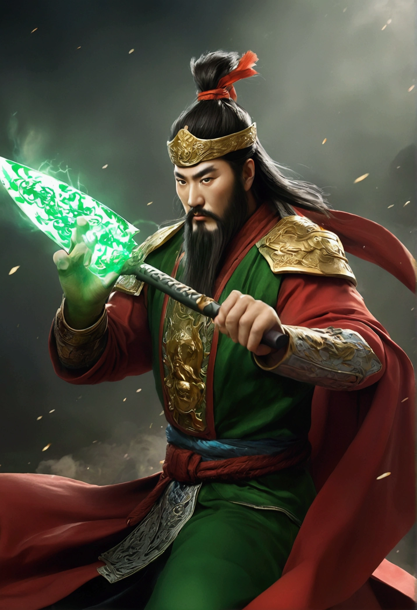 Guan Yu rode a red horse，Wearing a green robe，Wielding the Seki knife，character splash art，Lightning is all around。