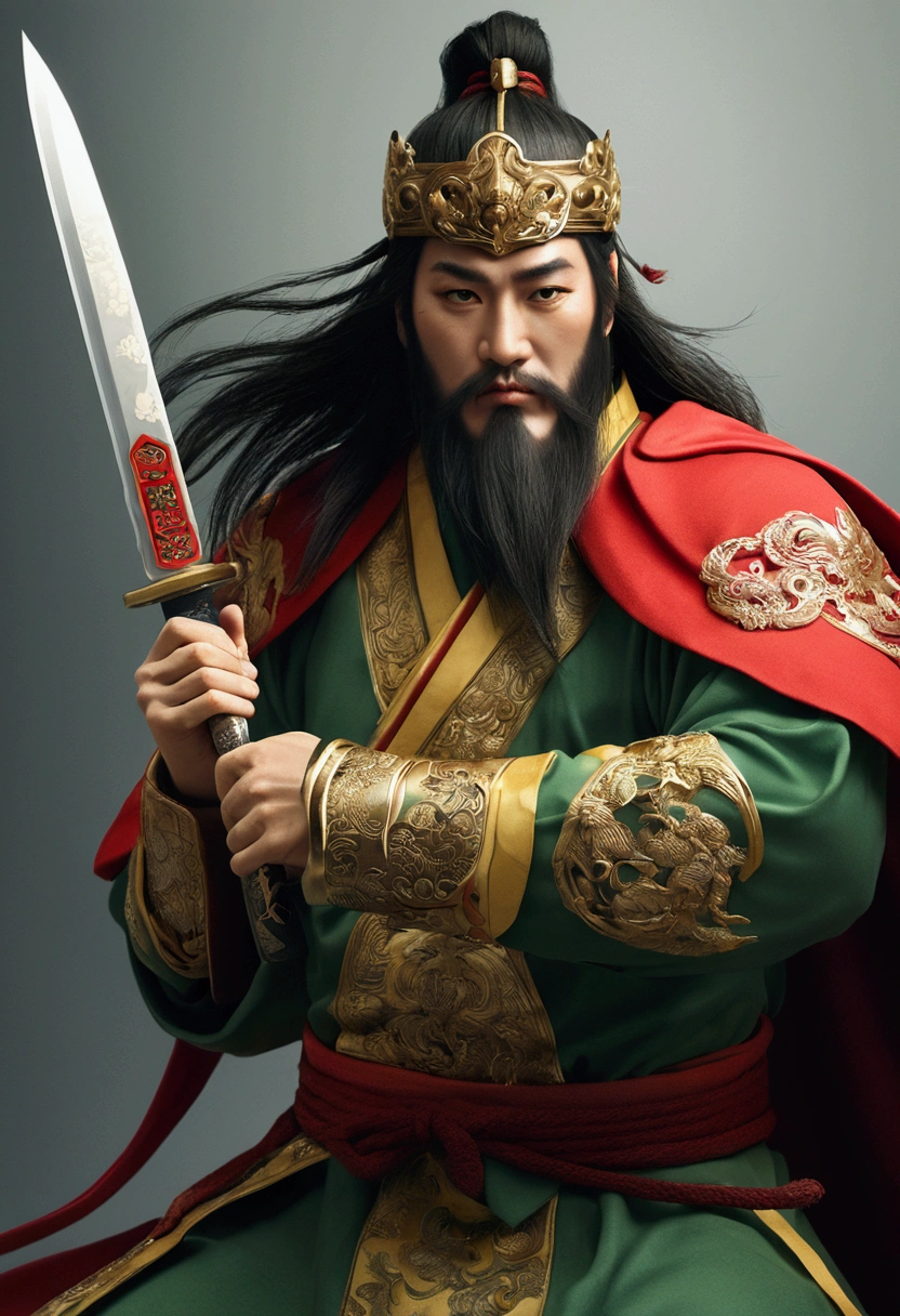 Guan Yu rode a red horse,Wearing a green robe,Wielding the Seki knife,character splash art,Lightning is all around。