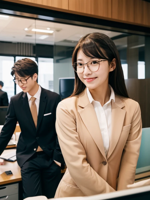 masterpiece、超High resolution、She is very cute and young like an idol....々Cute 18 year old business woman、Gentle and cute、A kind smile、bikini、Medium Bust、(((bikini姿の沢山の女性従業員が働く)))、((Male employees are wearing suits))、((Working in an office with a business desk in a building)).　whole body、RAW Photos、Genuine、High resolution、Live Action、Glasses