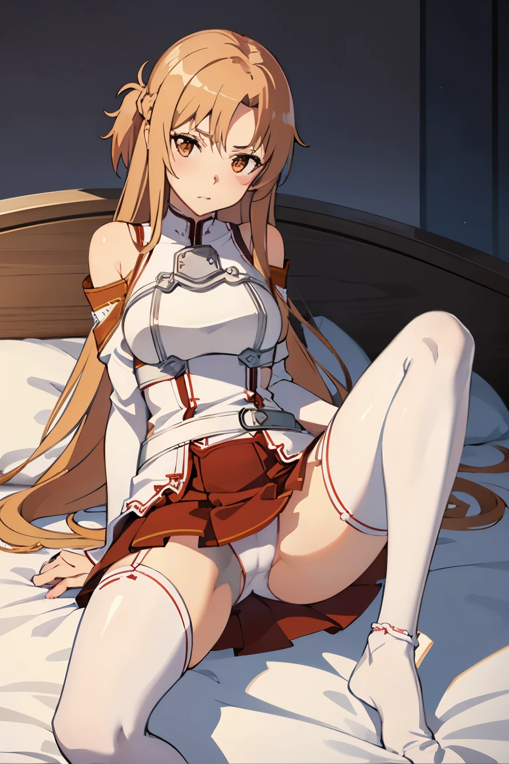 mature woman, Extremely thin skin, work of art, best qualityer, extreme detailed face, The best CG, medium breasts, bared shoulders, eyes browns, Long straight brown hair, 弓, white sleeves, white stockings, red skirt, waist belt, Fine body, See me, Sword Art Online, asuna, Delicate room, lying on a bed, legs spread open, pretty legs, transparent panties, lingerie white, thighs showing, sexly, seducing, legs spread open ((legs spread open)) (legs spread open)