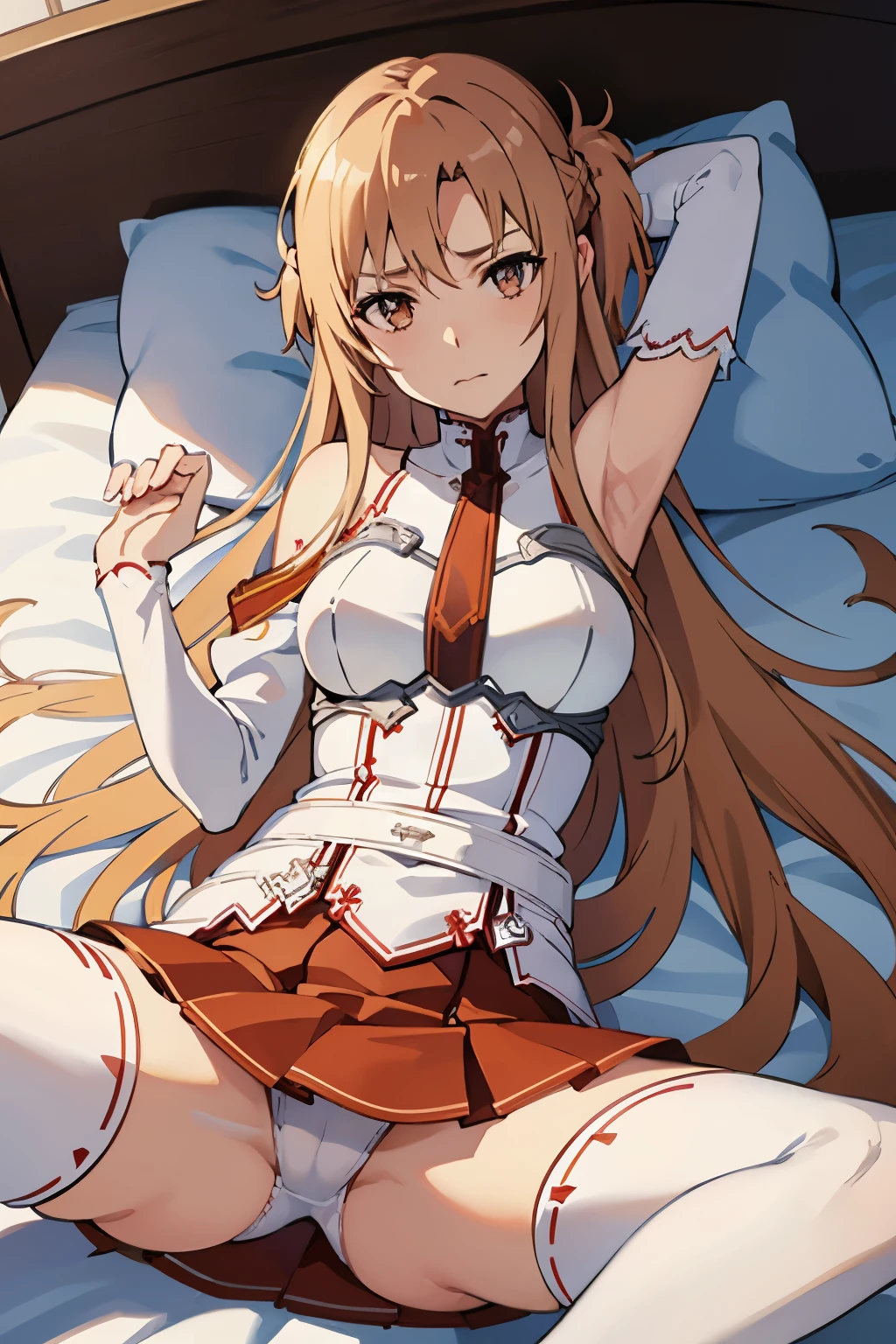 mature woman, Extremely thin skin, work of art, best qualityer, extreme detailed face, The best CG, medium breasts, bared shoulders, eyes browns, Long straight brown hair, 弓, white sleeves, white stockings, red skirt, waist belt, Fine body, See me, Sword Art Online, asuna, Delicate room, lying on a bed, legs spread open, pretty legs, transparent panties, lingerie white, thighs showing, sexly, seducing, legs spread open ((legs spread open)) (legs spread open)