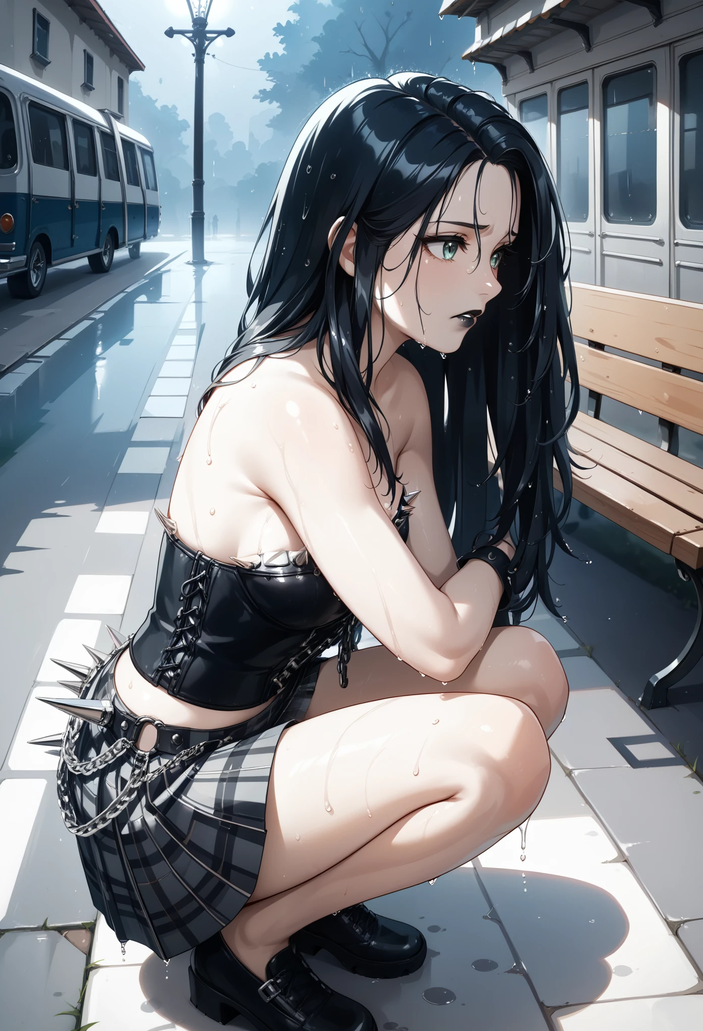 1girl,solo, green eyes, big hair,fair skin,
(black lip:1.2) ,gray eyes,(blue theme:0.8),
long hair,pink+black hair color,plaid skirt,
wet,a sad day,portrait,upper body,side view, 
score_9, score_8_up, score_7_up,moonlight,squatting, street bench,
bus station,
heavy rain at night,from above,
masterpiece, best quality, neolight, 
hud_sp1ked, chain, spikes, leather, skirt, corset, 