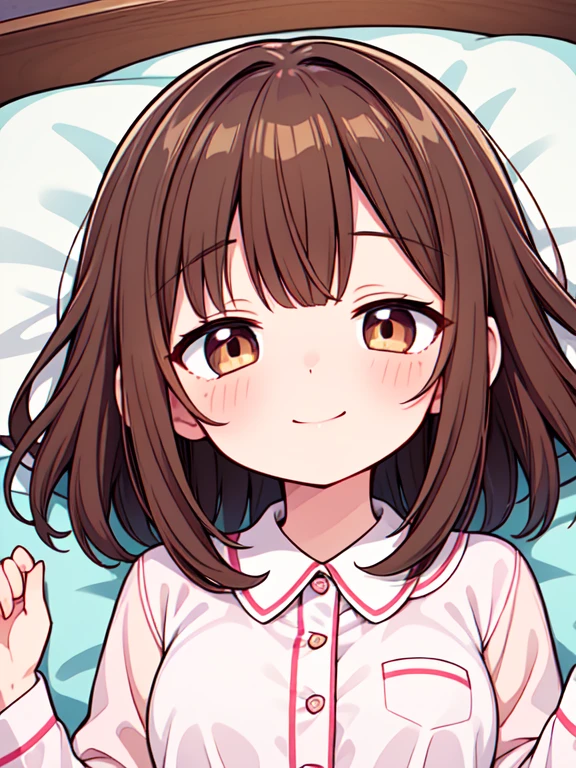 Highest quality, masterpiece, Ultra-high resolution, 8k,Show anime style , Soft Line Art, Digital Enhancement, shojo anime touch, shojo manga core, Flowing fabric, close, Soft Drawing, Ultra-Definition Digital Anime Art, Clear facial depiction, Super detailed girl cartoon character art, Ultra-detailed manga style, Highest qualityの色, １People Women,(A woman with short brown hair), Wet Hair,Beautiful brown hair, Clear brown eyes, Slightly chubby,Small breasts,pajamas,((She is sleeping in bed with the covers on.)),I sleep in the same bed and watch her,Peaceful sleeping face,She wakes up,I call out good morning,((She put her cheek on the pillow, turned her face towards me and smiled sweetly.)),Little devil&#39;s smile,(Focus on face),(((1 picture)))
