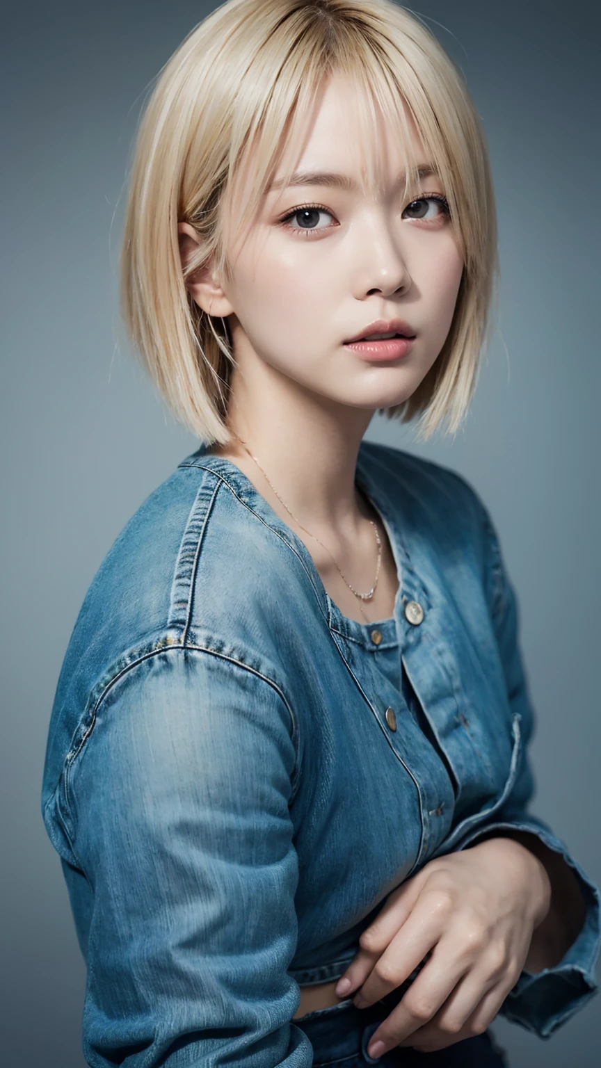 1girl, blonde hair, short cut,black shirt,blue pants,stoic expression, normal nose, best quality, masterpiece, ultra high resolution, super detailed, photorealistic, intricate details, cinematic lighting, dramatic shadows, muted color palette, seamless blending, highly realistic, volumetric lighting, depth of field, hyperrealism, award-winning photography,upper body