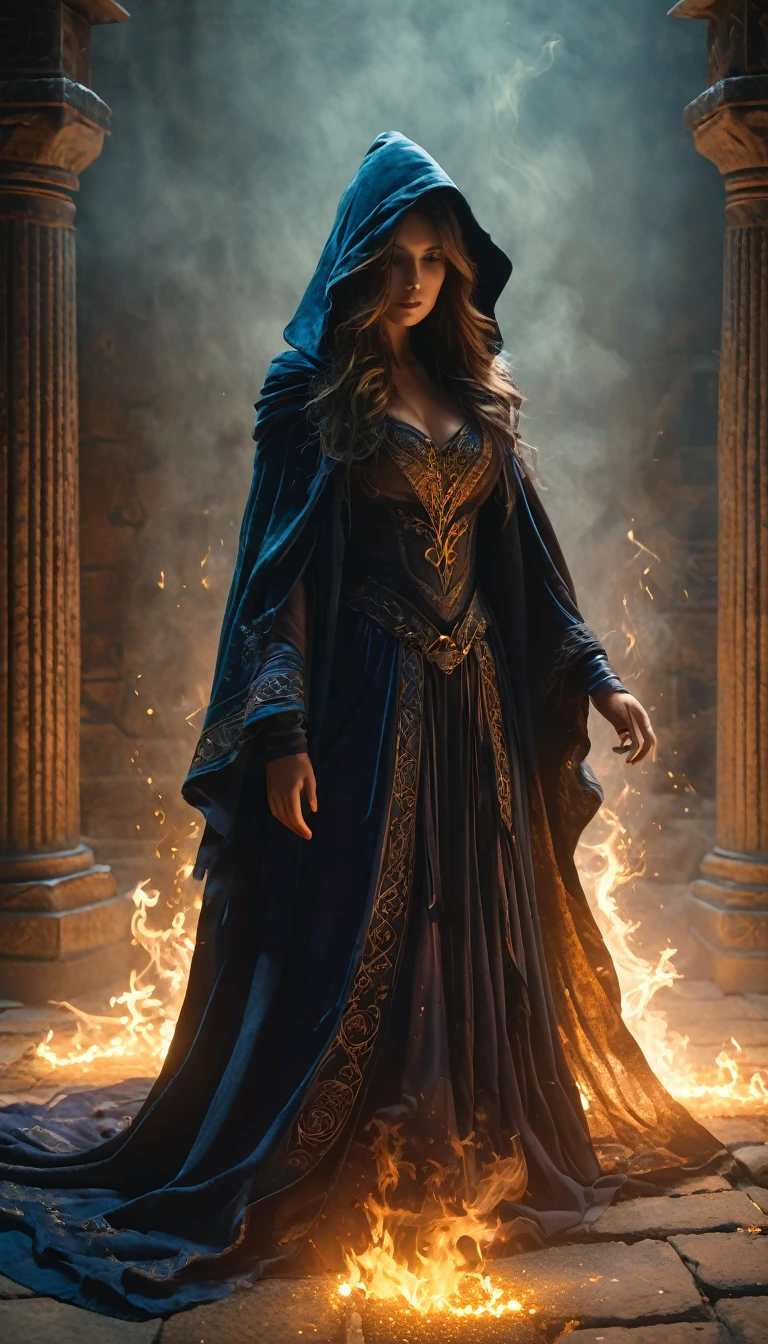 (best quality,4k,8k,highres,masterpiece:1.2),ultra-detailed,(realistic,photorealistic,photo-realistic:1.37),woman, hermeticwizard, hkmagic, fire_magic, ornate_hooded_robe, talisman, runes, dust, lightrays, ancient_tomb in the background, cinematic shot, dramatic lighting, dim lighting, deep shadow, raw photo,otherworldly,terrifying,highly detailed face and body,enormously clawed hands,mystical aura,dark,ominous atmosphere,cold color palette,energy emanating,powerful presence,ethereal beauty,herculean strength,captivating gaze,unsettling presence,haunting and mesmerizing,horrifyingly enchanting