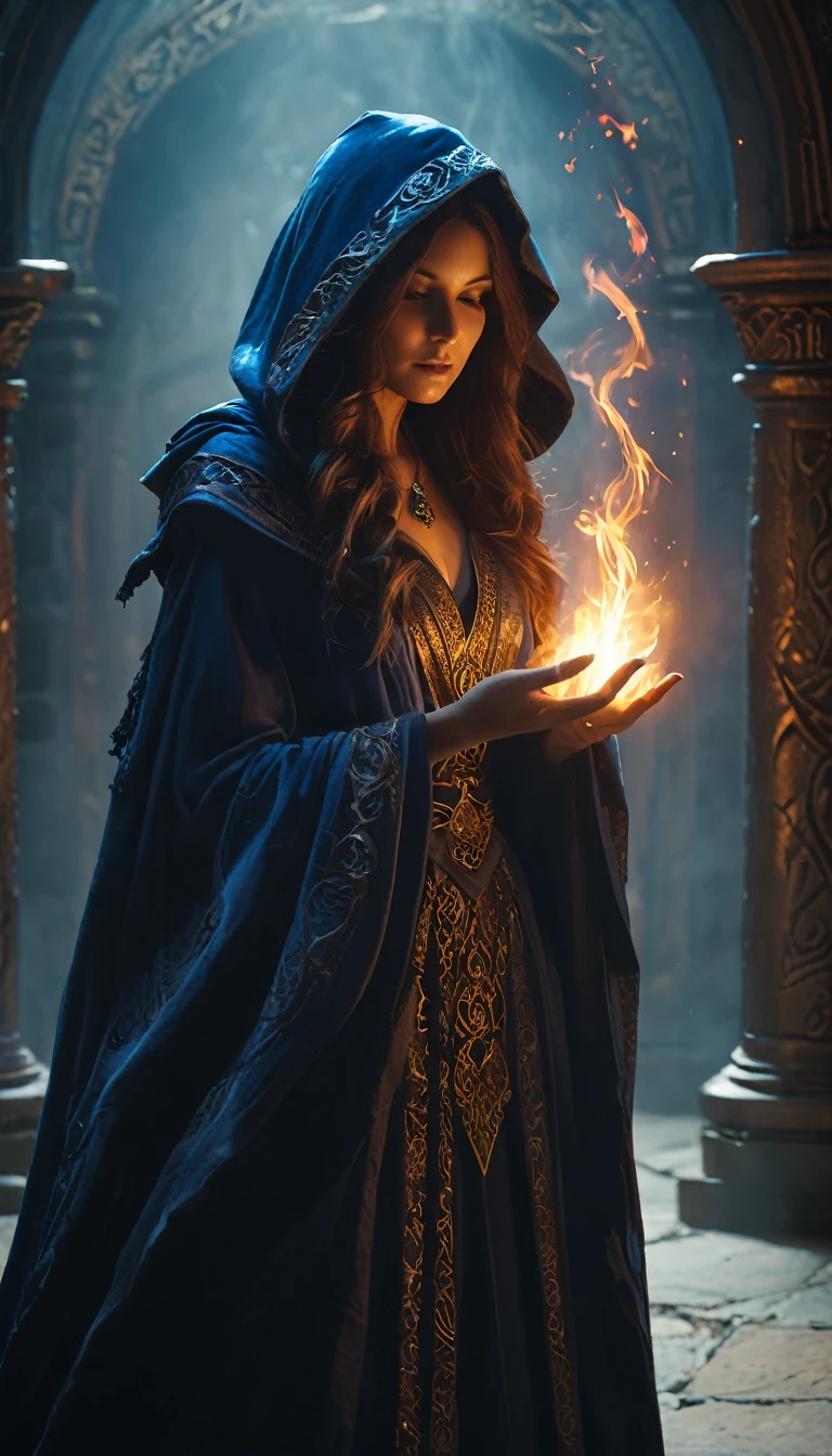 (best quality,4k,8k,highres,masterpiece:1.2),ultra-detailed,(realistic,photorealistic,photo-realistic:1.37),woman, hermeticwizard, hkmagic, fire_magic, ornate_hooded_robe, talisman, runes, dust, lightrays, ancient_tomb in the background, cinematic shot, dramatic lighting, dim lighting, deep shadow, raw photo,otherworldly,terrifying,highly detailed face and body,enormously clawed hands,mystical aura,dark,ominous atmosphere,cold color palette,energy emanating,powerful presence,ethereal beauty,herculean strength,captivating gaze,unsettling presence,haunting and mesmerizing,horrifyingly enchanting