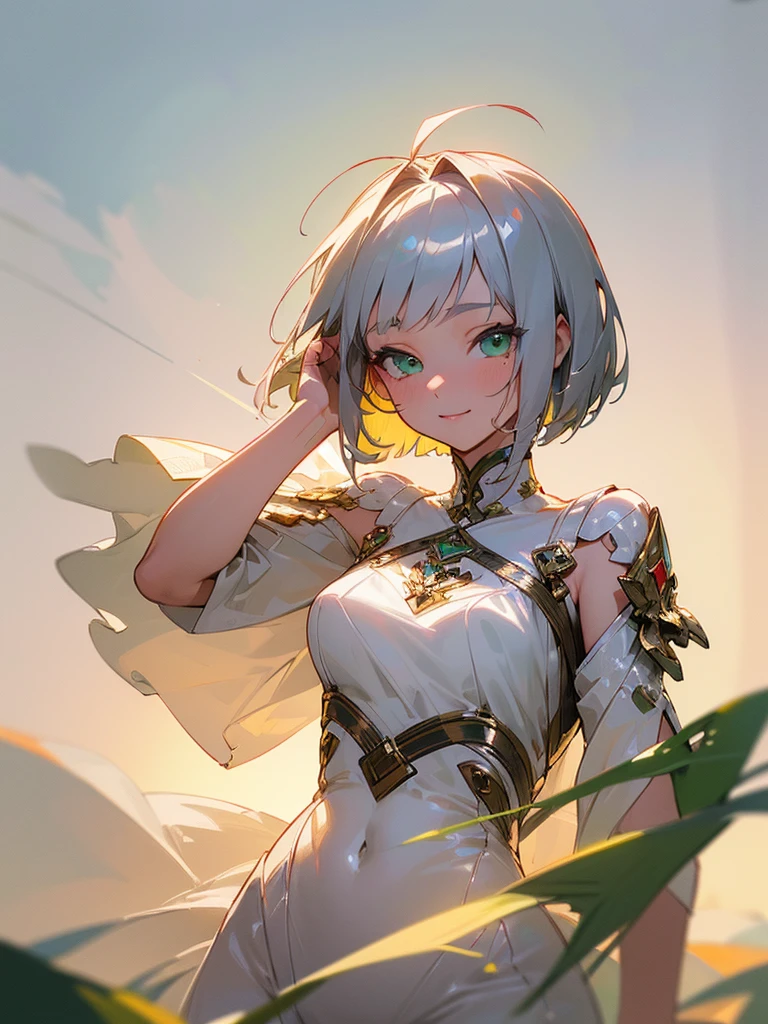 ((masterpiece, best quality, ultra-detailed, high resolution, extremely detailed CG, super detailed, Beautiful human body modeling, Most beautiful clean lighting)), 1 girl, beautiful girl, cute girl and idol face, smile, shiny silver hair and short bob cut and antenna hair, beautiful green, eyes, white skin, beautiful body, Midsummer Scenery