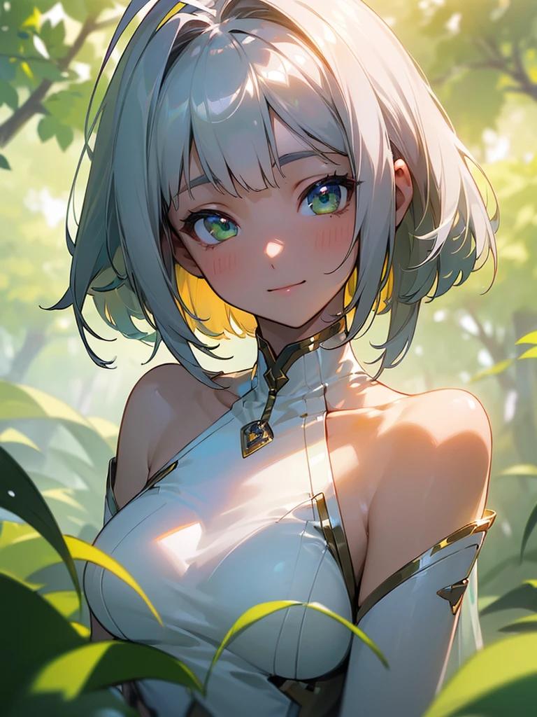 Perfect Eyes, Graceful posture, Happy, Long white hair, Yellow Eyes, Black tiara, Mountain, cloud, amazing, Close-up shot, View your viewers, Lips parted, teeth, Happy face, smile, Mid-chest, White Dress, Exposing shoulders