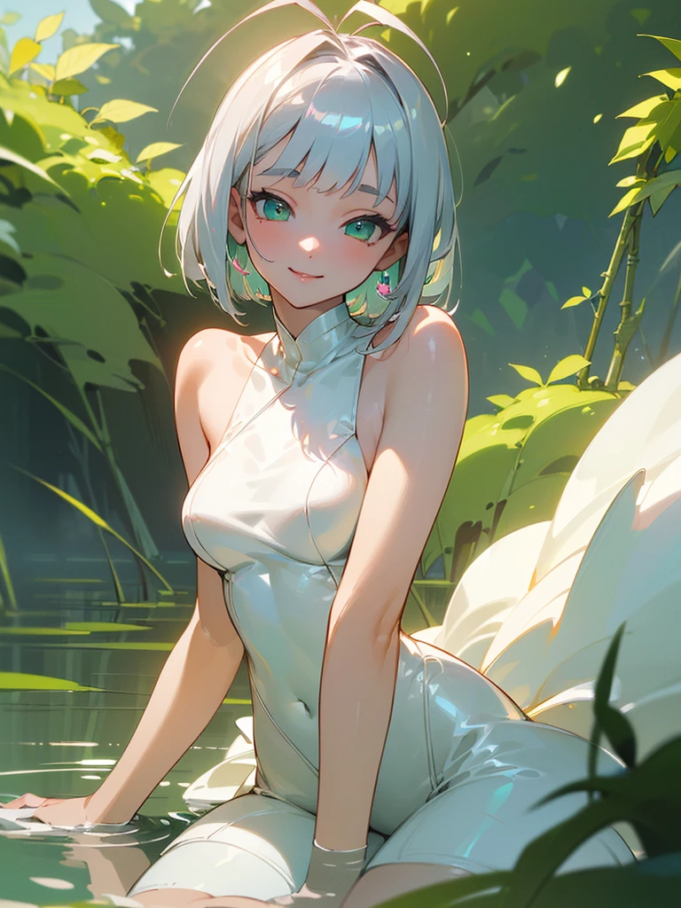 ((masterpiece, best quality, ultra-detailed, high resolution, extremely detailed CG, super detailed, Beautiful human body modeling, Most beautiful clean lighting)), 1 girl, beautiful girl, cute girl and idol face, smile, shiny silver hair and short bob cut and antenna hair, beautiful green, eyes, white skin, beautiful body, Midsummer Scenery