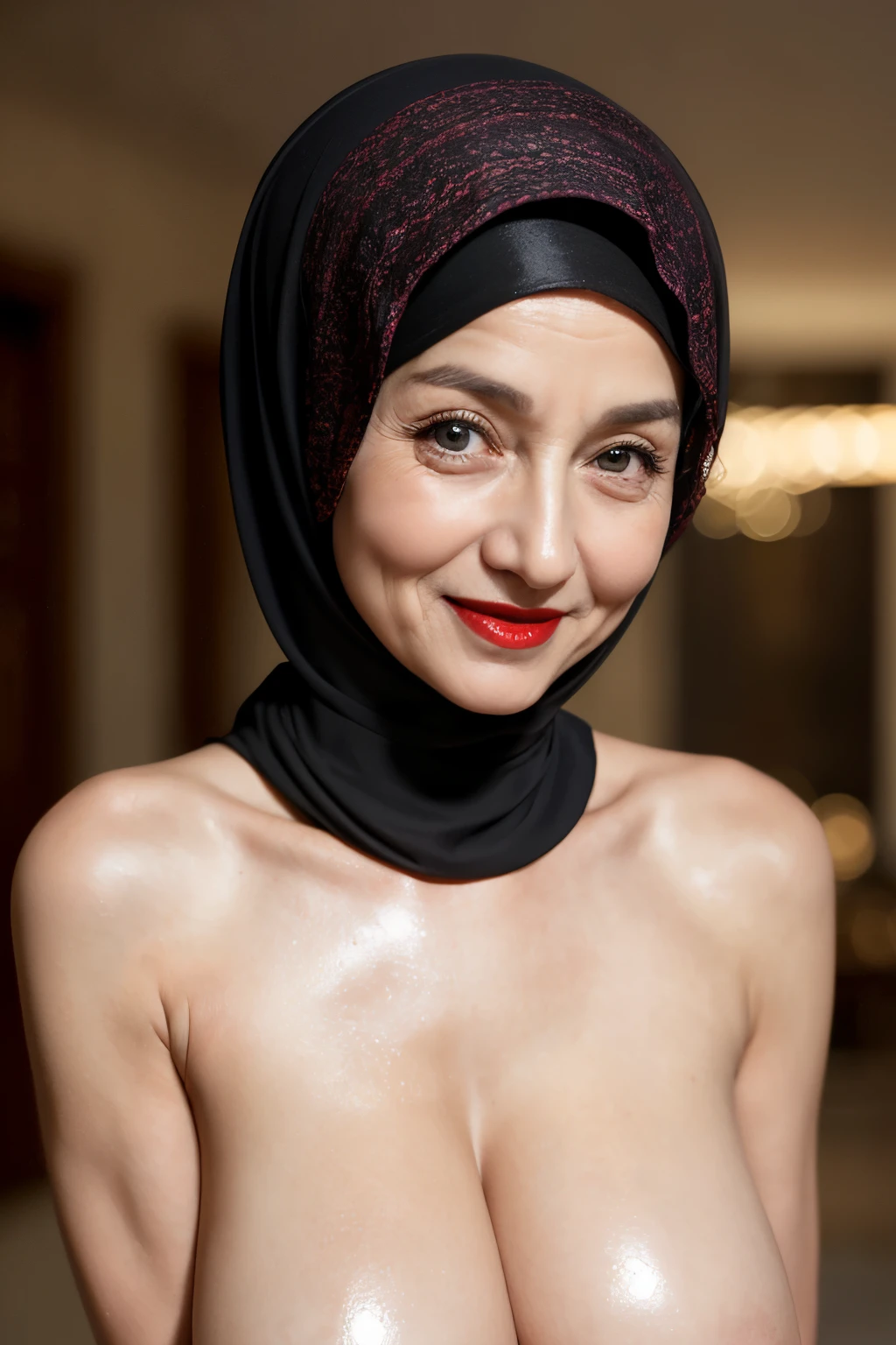 ((Naked red lips)), ((Old Lady :1.5)), (((VERY SHINY SKIN))), Very cute like a Matured Lady, ((Stylish Hijab)), adorable, 2 girl, 55 years old, *********, shy, half body portrait,smile,  (face details: 1), (eye details: 1), ((round large breasts, cleavage)). Cute posed. proportional body. (Black skin :1)