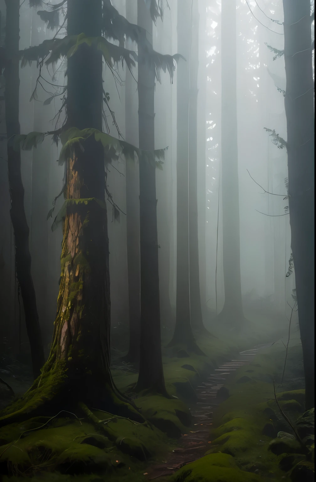 arafed forest with a few trees and moss growing on the ground, beautiful misty wood, ominous and eerie forest, in a foggy forest, german forest, in a foggy mossy forest, misty wood, on a misty forest, misty woods, gloomy forest, misty forest, dark forest. strong, in foggy forest, mysterious forest, irish forest, beautiful with eerie vibes