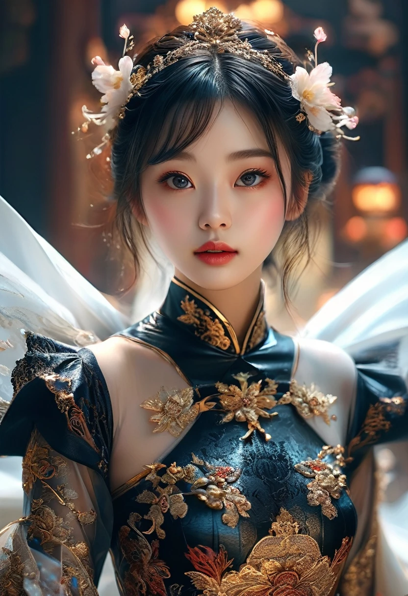 a beautiful young chinese girl, japanese girl, qipao, black stockings, gloves, bodysuit, fully covered, latex texture, (best quality,4k,8k,highres,masterpiece:1.2),ultra-detailed,(realistic,photorealistic,photo-realistic:1.37),cinematic lighting,extremely detailed face and eyes,detailed beautiful eyes,extremely detailed lips,porcelain skin,elegant pose,dramatic lighting,intricate background,vibrant colors,fantasy,digital art