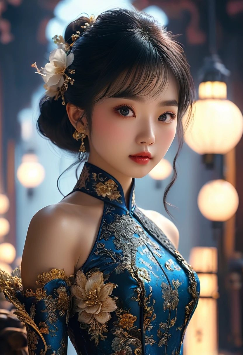 a beautiful young chinese girl, japanese schoolgirl, qipao, black stockings, gloves, bodysuit, fully covered, latex texture, (best quality,4k,8k,highres,masterpiece:1.2),ultra-detailed,(realistic,photorealistic,photo-realistic:1.37),cinematic lighting,extremely detailed face and eyes,detailed beautiful eyes,extremely detailed lips,porcelain skin,elegant pose,dramatic lighting,intricate background,vibrant colors,fantasy,digital art