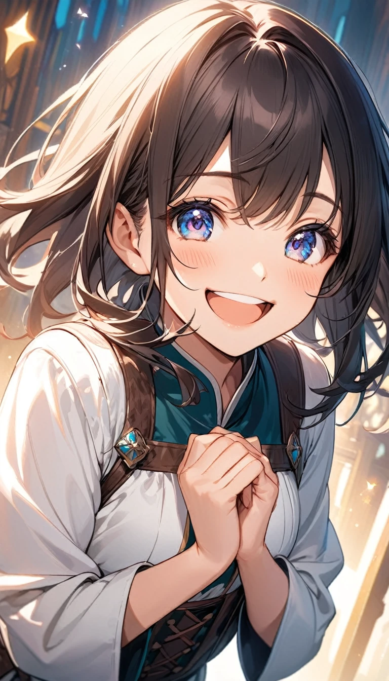 Cute pose girl, Smiling expression, Gazing Eyes, Happy expression, trust, Put your hands behind your back: Mouth slightly open,Character portrait　 Fantasy review