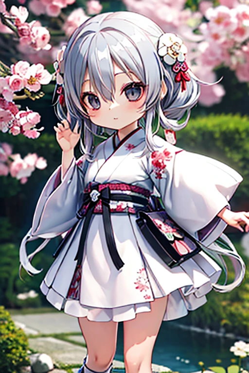 Cute BabiesChibiAnime,Gray Hair、(((Chibi 3D))) (Highest quality) (Master Price)、White kimono、White lace high heels with knitted floral motif、Japanese garden