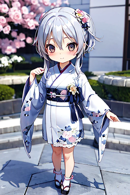 Cute BabiesChibiAnime,Gray Hair、(((Chibi 3D))) (Highest quality) (Master Price)、White kimono、White lace high heels with knitted floral motif、Japanese garden