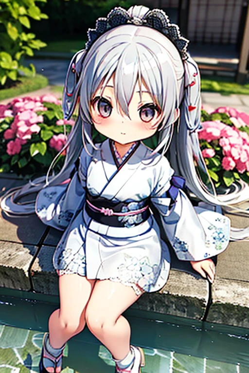 Cute BabiesChibiAnime,Gray Hair、(((Chibi 3D))) (Highest quality) (Master Price)、White kimono、White lace high heels with knitted floral motif、Japanese garden