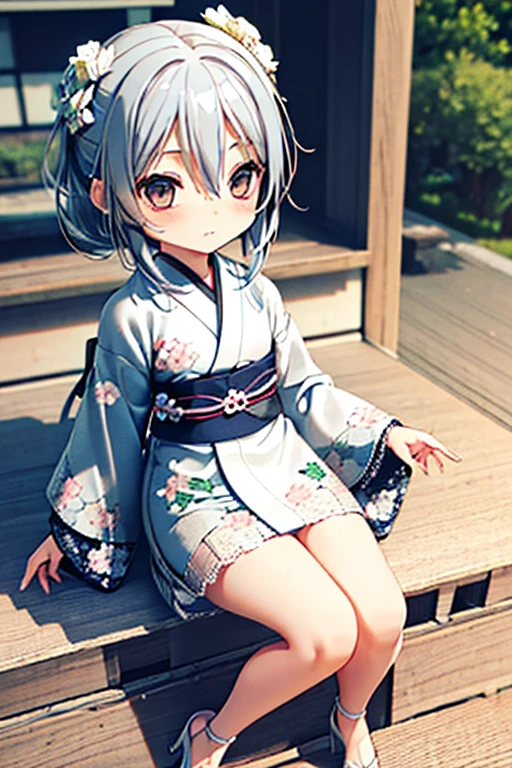 Cute BabiesChibiAnime,Gray Hair、(((Chibi 3D))) (Highest quality) (Master Price)、White kimono、White lace high heels with knitted floral motif、Japanese garden