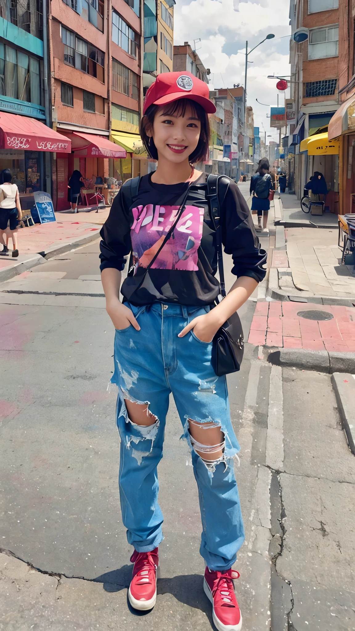 Moisturized skin, realistic body, (), (girl), earrings, (cute face), cheerful laugh, 90s hip-hop outfit, shy,
BREAK,
red lipstick, beautiful hair, gradient hair, short hair,
BREAK,
(masterpiece, highest quality, high resolution, highly detailed), (full body: 1.2), symmetrical, one shot,
BREAK,
(wind blowing), Brazilian city,
BREAK,
fantastic, dynamic, (selfie), (fisheye lens), neon, cyberpunk movie, selfie, cyberpunk city, hat, iPhone, street snap, bag, travel, messing around, silly, stylish,