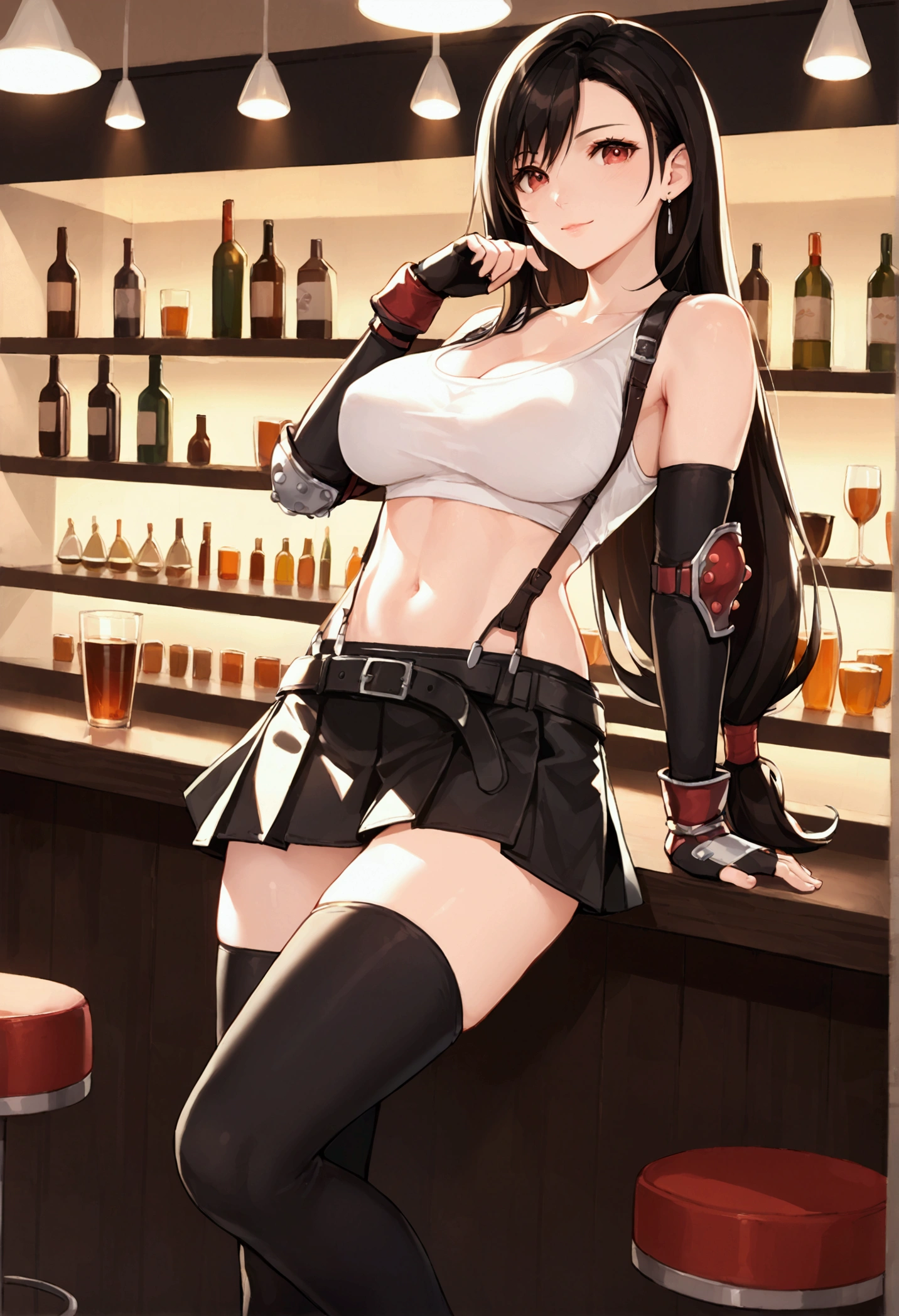 (score_9, score_8_up, score_7_up), BREAK (masterpeace),(best quality),(aesthetic,very aesthetic),(highly detailed),.1girl, tifa lockhart, final fantasy,(beautiful). black hair, low-tied long hair, red eyes, bangs, white tank top,gap, belt, pleated skirt, thighhighs, elbow fingerless gloves, elbow pads, midriff, navel,suspender skirt.zettai ryouiki,(large_breasts:1.3),Solo,upperbody,looking at viewer, vibrant, joyful,cafe and bar,(Emphasize the cleavage),hands on counter,Showcasing cleavage:1.3 ,counter,straight-on,breast focus,from feet,dynamic angle,professional lighting,cinematic lighting